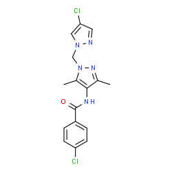 ChemSpider 2D Image | 4-Chloro-N-{1-[(4-chloro-1H-pyrazol-1-yl)methyl]-3,5-dimethyl-1H-pyrazol-4-yl}benzamide | C16H15Cl2N5O