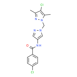 ChemSpider 2D Image | 4-Chloro-N-{1-[(4-chloro-3,5-dimethyl-1H-pyrazol-1-yl)methyl]-1H-pyrazol-4-yl}benzamide | C16H15Cl2N5O