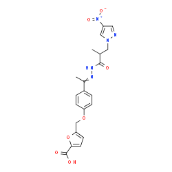 ChemSpider 2D Image | 5-[(4-{N-[2-Methyl-3-(4-nitro-1H-pyrazol-1-yl)propanoyl]ethanehydrazonoyl}phenoxy)methyl]-2-furoic acid | C21H21N5O7
