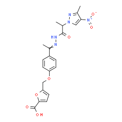 ChemSpider 2D Image | 5-[(4-{N-[2-(3-Methyl-4-nitro-1H-pyrazol-1-yl)propanoyl]ethanehydrazonoyl}phenoxy)methyl]-2-furoic acid | C21H21N5O7
