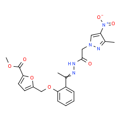 ChemSpider 2D Image | Methyl 5-[(2-{N-[(3-methyl-4-nitro-1H-pyrazol-1-yl)acetyl]ethanehydrazonoyl}phenoxy)methyl]-2-furoate | C21H21N5O7