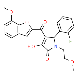 ChemSpider 2D Image | 5-(2-Fluorophenyl)-3-hydroxy-4-[(7-methoxy-1-benzofuran-2-yl)carbonyl]-1-(2-methoxyethyl)-1,5-dihydro-2H-pyrrol-2-one | C23H20FNO6