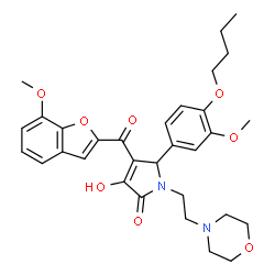 ChemSpider 2D Image | 5-(4-Butoxy-3-methoxyphenyl)-3-hydroxy-4-[(7-methoxy-1-benzofuran-2-yl)carbonyl]-1-[2-(4-morpholinyl)ethyl]-1,5-dihydro-2H-pyrrol-2-one | C31H36N2O8