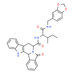 ChemSpider 2D Image | N-{1-[(1,3-Benzodioxol-5-ylmethyl)amino]-3-methyl-1-oxo-2-pentanyl}-5-oxo-7,8,13,13b-tetrahydro-5H-benzo[1,2]indolizino[8,7-b]indole-7-carboxamide | C33H32N4O5