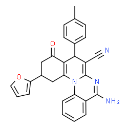 ChemSpider 2D Image | 5-Amino-11-(2-furyl)-8-(4-methylphenyl)-9-oxo-9,10,11,12-tetrahydro-8H-quino[1,2-a]quinazoline-7-carbonitrile | C28H22N4O2