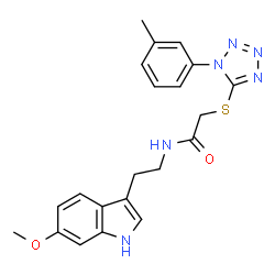 ChemSpider 2D Image | N-[2-(6-Methoxy-1H-indol-3-yl)ethyl]-2-{[1-(3-methylphenyl)-1H-tetrazol-5-yl]sulfanyl}acetamide | C21H22N6O2S