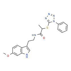 ChemSpider 2D Image | N-[2-(6-Methoxy-1H-indol-3-yl)ethyl]-2-[(1-phenyl-1H-tetrazol-5-yl)sulfanyl]propanamide | C21H22N6O2S