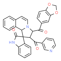 ChemSpider 2D Image | 3'-(1,3-Benzodioxol-5-ylcarbonyl)-2'-(3-pyridinylcarbonyl)-2',3'-dihydro-10b'H-spiro[indole-3,1'-pyrrolo[2,1-a]isoquinolin]-2(1H)-one | C33H23N3O5