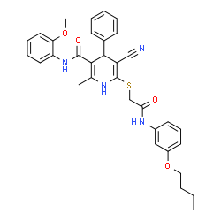 ChemSpider 2D Image | 6-({2-[(3-Butoxyphenyl)amino]-2-oxoethyl}sulfanyl)-5-cyano-N-(2-methoxyphenyl)-2-methyl-4-phenyl-1,4-dihydro-3-pyridinecarboxamide | C33H34N4O4S