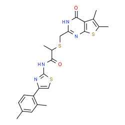 ChemSpider 2D Image | 2-{[(5,6-Dimethyl-4-oxo-3,4-dihydrothieno[2,3-d]pyrimidin-2-yl)methyl]sulfanyl}-N-[4-(2,4-dimethylphenyl)-1,3-thiazol-2-yl]propanamide | C23H24N4O2S3