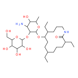 ChemSpider 2D Image | 5,9,13-Triethyl-14-oxoazacyclotetradecan-6-yl 3-amino-3,6-dideoxy-2-O-hexopyranosylhexopyranoside | C31H58N2O10