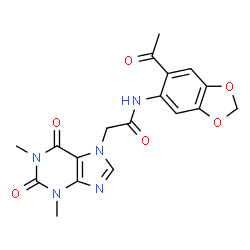 ChemSpider 2D Image | N-(6-Acetyl-1,3-benzodioxol-5-yl)-2-(1,3-dimethyl-2,6-dioxo-1,2,3,6-tetrahydro-7H-purin-7-yl)acetamide | C18H17N5O6