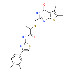 ChemSpider 2D Image | 2-{[(5,6-Dimethyl-4-oxo-3,4-dihydrothieno[2,3-d]pyrimidin-2-yl)methyl]sulfanyl}-N-[4-(3,4-dimethylphenyl)-1,3-thiazol-2-yl]propanamide | C23H24N4O2S3