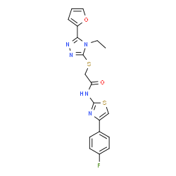 ChemSpider 2D Image | 2-{[4-Ethyl-5-(2-furyl)-4H-1,2,4-triazol-3-yl]sulfanyl}-N-[4-(4-fluorophenyl)-1,3-thiazol-2-yl]acetamide | C19H16FN5O2S2