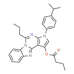ChemSpider 2D Image | 3-(4-Isopropylphenyl)-5-propyl-3H-pyrrolo[2',3':4,5]pyrimido[1,6-a]benzimidazol-1-yl butyrate | C28H30N4O2