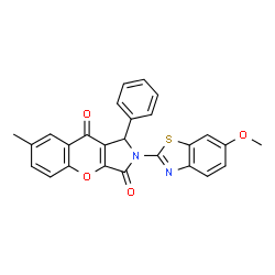 ChemSpider 2D Image | 2-(6-Methoxy-1,3-benzothiazol-2-yl)-7-methyl-1-phenyl-1,2-dihydrochromeno[2,3-c]pyrrole-3,9-dione | C26H18N2O4S