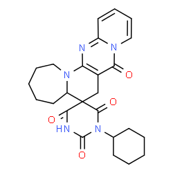 ChemSpider 2D Image | 1'-Cyclohexyl-1,2,3,4,5,5a-hexahydro-2'H,7H,8H-spiro[pyrido[1'',2'':1',2']pyrimido[5',4':5,6]pyrido[1,2-a]azepine-6,5'-pyrimidine]-2',4',6',8(1'H,3'H)-tetrone | C25H29N5O4