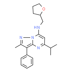 ChemSpider 2D Image | 5-Isopropyl-2-methyl-3-phenyl-N-(tetrahydro-2-furanylmethyl)pyrazolo[1,5-a]pyrimidin-7-amine | C21H26N4O