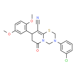 ChemSpider 2D Image | 3-(3-Chlorophenyl)-8-(2,5-dimethoxyphenyl)-6-oxo-3,4,7,8-tetrahydro-2H,6H-pyrido[2,1-b][1,3,5]thiadiazine-9-carbonitrile | C22H20ClN3O3S