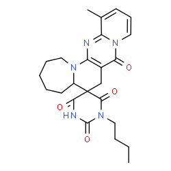 ChemSpider 2D Image | 1'-Butyl-13-methyl-1,2,3,4,5,5a-hexahydro-2'H,7H,8H-spiro[pyrido[1'',2'':1',2']pyrimido[5',4':5,6]pyrido[1,2-a]azepine-6,5'-pyrimidine]-2',4',6',8(1'H,3'H)-tetrone | C24H29N5O4
