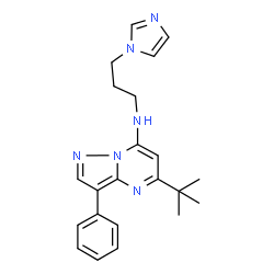 ChemSpider 2D Image | N-[3-(1H-Imidazol-1-yl)propyl]-5-(2-methyl-2-propanyl)-3-phenylpyrazolo[1,5-a]pyrimidin-7-amine | C22H26N6