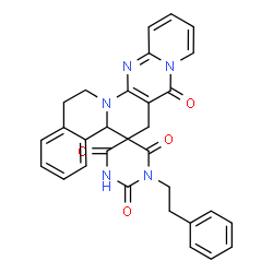 ChemSpider 2D Image | spiro[6H,7H-benzo[a]pyrido[1',2':1,2]pyrimido[4,5-f]quinolizine-5(15H),5'(4'H)-pyrimidine]-4',6',7(1'H)-trione, 4b,16-dihydro-2'-hydroxy-1'-(2-phenylethyl)- | C30H25N5O4
