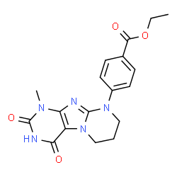 ChemSpider 2D Image | Ethyl 4-(1-methyl-2,4-dioxo-1,2,3,4,7,8-hexahydropyrimido[2,1-f]purin-9(6H)-yl)benzoate | C18H19N5O4