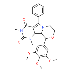 ChemSpider 2D Image | 1,3-Dimethyl-5-phenyl-10-(3,4,5-trimethoxyphenyl)-1,7,8,10-tetrahydro-2H-pyrimido[4',5':3,4]pyrrolo[2,1-c][1,4]oxazine-2,4(3H)-dione | C26H27N3O6