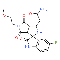 ChemSpider 2D Image | 2-[5-Fluoro-5'-(2-methoxyethyl)-2,4',6'-trioxo-1,2,3',3a',4',5',6',6a'-octahydro-2'H-spiro[indole-3,1'-pyrrolo[3,4-c]pyrrol]-3'-yl]acetamide | C18H19FN4O5