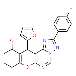 ChemSpider 2D Image | 2-(4-Fluorophenyl)-12-(2-furyl)-8,9,10,12-tetrahydro-11H-chromeno[3,2-e][1,2,4]triazolo[1,5-c]pyrimidin-11-one | C22H15FN4O3