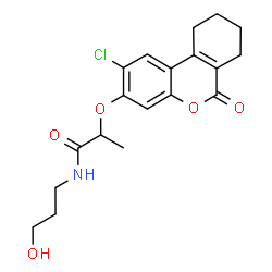 ChemSpider 2D Image | 2-[(2-Chloro-6-oxo-7,8,9,10-tetrahydro-6H-benzo[c]chromen-3-yl)oxy]-N-(3-hydroxypropyl)propanamide | C19H22ClNO5