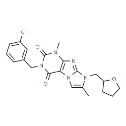 ChemSpider 2D Image | 3-(3-Chlorobenzyl)-1,7-dimethyl-8-(tetrahydro-2-furanylmethyl)-1H-imidazo[2,1-f]purine-2,4(3H,8H)-dione | C21H22ClN5O3