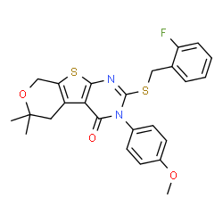 ChemSpider 2D Image | 2-[(2-Fluorobenzyl)sulfanyl]-3-(4-methoxyphenyl)-6,6-dimethyl-3,5,6,8-tetrahydro-4H-pyrano[4',3':4,5]thieno[2,3-d]pyrimidin-4-one | C25H23FN2O3S2