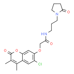 ChemSpider 2D Image | 2-[(6-Chloro-3,4-dimethyl-2-oxo-2H-chromen-7-yl)oxy]-N-[3-(2-oxo-1-pyrrolidinyl)propyl]acetamide | C20H23ClN2O5