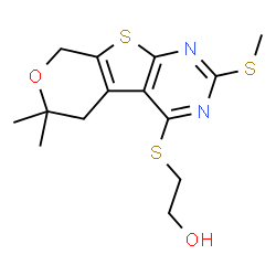 ChemSpider 2D Image | 2-{[6,6-Dimethyl-2-(methylsulfanyl)-5,8-dihydro-6H-pyrano[4',3':4,5]thieno[2,3-d]pyrimidin-4-yl]sulfanyl}ethanol | C14H18N2O2S3
