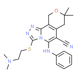 ChemSpider 2D Image | 5-Anilino-3-{[2-(dimethylamino)ethyl]sulfanyl}-8,8-dimethyl-7,10-dihydro-8H-pyrano[3,4-c][1,2,4]triazolo[4,3-a]pyridine-6-carbonitrile | C22H26N6OS