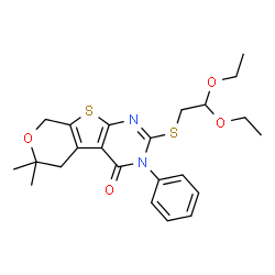 ChemSpider 2D Image | 2-[(2,2-Diethoxyethyl)sulfanyl]-6,6-dimethyl-3-phenyl-3,5,6,8-tetrahydro-4H-pyrano[4',3':4,5]thieno[2,3-d]pyrimidin-4-one | C23H28N2O4S2