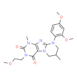 ChemSpider 2D Image | 9-(2,4-Dimethoxyphenyl)-3-(2-methoxyethyl)-1,7-dimethyl-6,7,8,9-tetrahydropyrimido[2,1-f]purine-2,4(1H,3H)-dione | C21H27N5O5