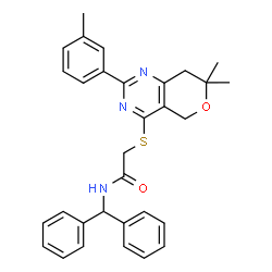 ChemSpider 2D Image | 2-{[7,7-Dimethyl-2-(3-methylphenyl)-7,8-dihydro-5H-pyrano[4,3-d]pyrimidin-4-yl]sulfanyl}-N-(diphenylmethyl)acetamide | C31H31N3O2S