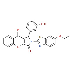 ChemSpider 2D Image | 2-(6-Ethoxy-1,3-benzothiazol-2-yl)-1-(3-hydroxyphenyl)-1,2-dihydrochromeno[2,3-c]pyrrole-3,9-dione | C26H18N2O5S