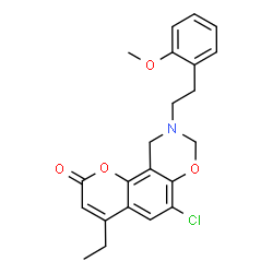 ChemSpider 2D Image | 6-Chloro-4-ethyl-9-[2-(2-methoxyphenyl)ethyl]-9,10-dihydro-2H,8H-chromeno[8,7-e][1,3]oxazin-2-one | C22H22ClNO4
