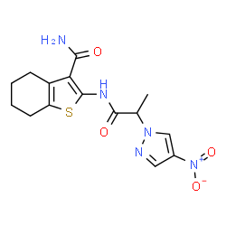 ChemSpider 2D Image | 2-{[2-(4-Nitro-1H-pyrazol-1-yl)propanoyl]amino}-4,5,6,7-tetrahydro-1-benzothiophene-3-carboxamide | C15H17N5O4S
