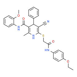 ChemSpider 2D Image | 5-Cyano-6-({2-[(4-ethoxyphenyl)amino]-2-oxoethyl}sulfanyl)-N-(2-methoxyphenyl)-2-methyl-4-phenyl-1,4-dihydro-3-pyridinecarboxamide | C31H30N4O4S