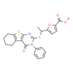 ChemSpider 2D Image | Methyl 5-{1-[(4-oxo-3-phenyl-3,4,5,6,7,8-hexahydro[1]benzothieno[2,3-d]pyrimidin-2-yl)sulfanyl]ethyl}-2-furoate | C24H22N2O4S2