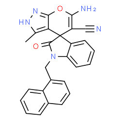 ChemSpider 2D Image | 6'-Amino-3'-methyl-1-(1-naphthylmethyl)-2-oxo-1,2-dihydro-2'H-spiro[indole-3,4'-pyrano[2,3-c]pyrazole]-5'-carbonitrile | C26H19N5O2