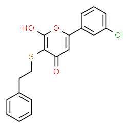 ChemSpider 2D Image | 6-(3-Chlorophenyl)-2-hydroxy-3-[(2-phenylethyl)sulfanyl]-4H-pyran-4-one | C19H15ClO3S