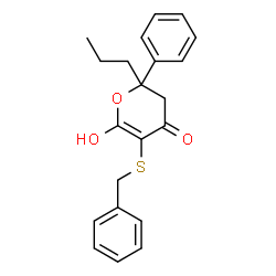 ChemSpider 2D Image | 5-(Benzylsulfanyl)-6-hydroxy-2-phenyl-2-propyl-2,3-dihydro-4H-pyran-4-one | C21H22O3S