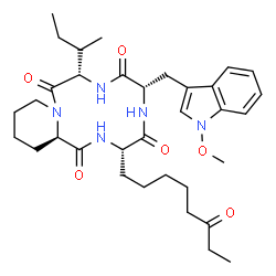 ChemSpider 2D Image | (3S,6S,9S,12R)-3-butan-2-yl-6-[(1-methoxy-3-indolyl)methyl]-9-(6-oxooctyl)-1,4,7,10-tetrazabicyclo[10.4.0]hexadecane-2,5,8,11-tetrone | C34H49N5O6