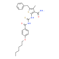 ChemSpider 2D Image | 5-Benzyl-2-({[4-(hexyloxy)benzoyl]carbamothioyl}amino)-4-methyl-3-thiophenecarboxamide | C27H31N3O3S2