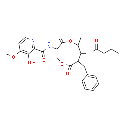 ChemSpider 2D Image | 8-Benzyl-3-{[(3-hydroxy-4-methoxy-2-pyridinyl)carbonyl]amino}-6-methyl-4,9-dioxo-1,5-dioxonan-7-yl 2-methylbutanoate | C27H32N2O9